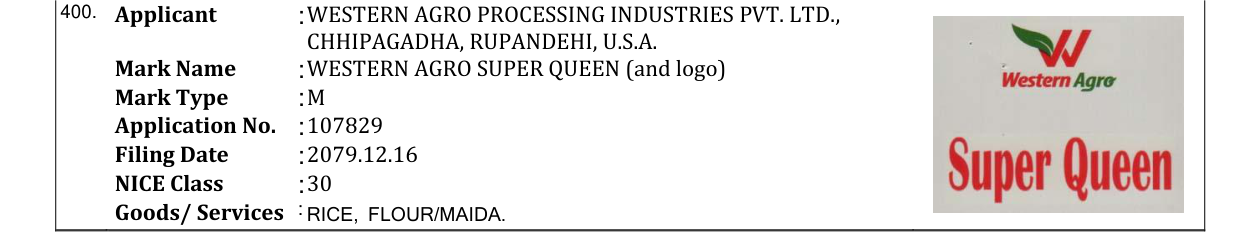Original bulletin entry for WESTERN AGRO SUPER QUEEN (and logo)