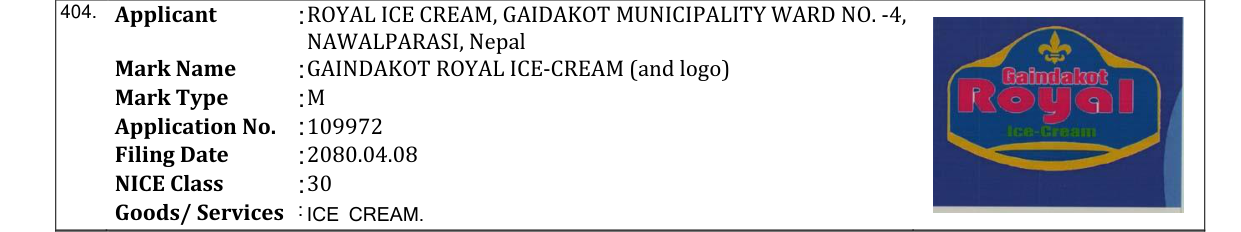 Original bulletin entry for GAINDAKOT ROYAL ICE-CREAM (and logo)
