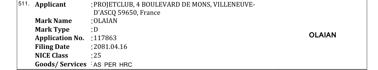 Original bulletin entry for OLAIAN