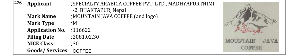 Original bulletin entry for MOUNTAIN JAVA COFFEE (and logo)