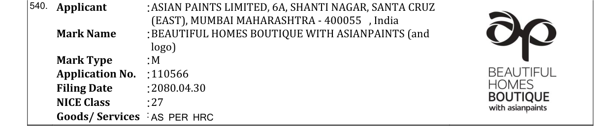 Original bulletin entry for BEAUTIFUL HOMES BOUTIQUE WITH ASIANPAINTS (and logo)