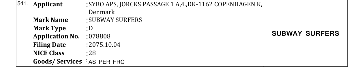 Original bulletin entry for SUBWAY SURFERS