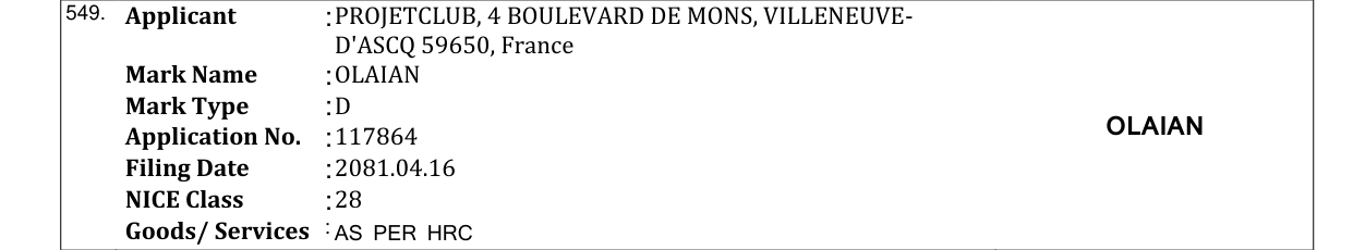 Original bulletin entry for OLAIAN