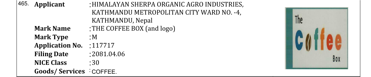 Original bulletin entry for THE COFFEE BOX (and logo)