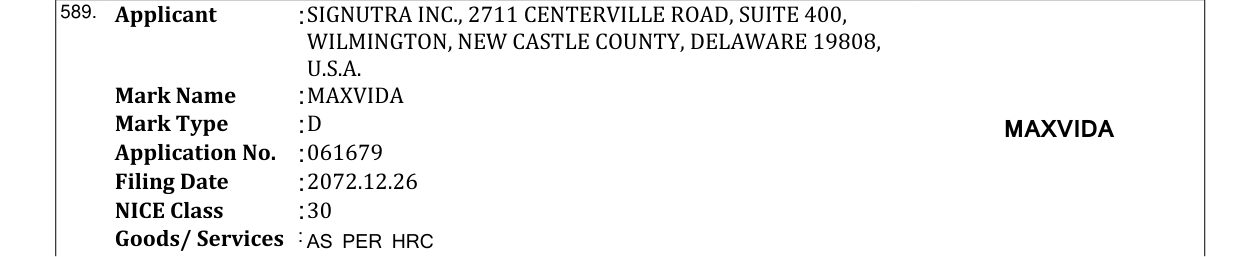 Original bulletin entry for MAXVIDA