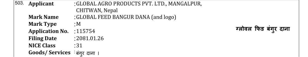 Original bulletin entry for GLOBAL FEED BANGUR DANA (and logo)