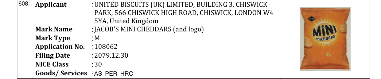Original bulletin entry for JACOB'S MINI CHEDDARS (and logo)