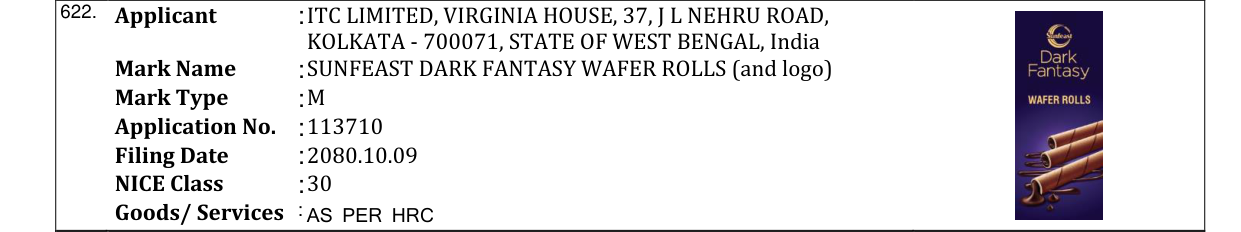 Original bulletin entry for SUNFEAST DARK FANTASY WAFER ROLLS (and logo)