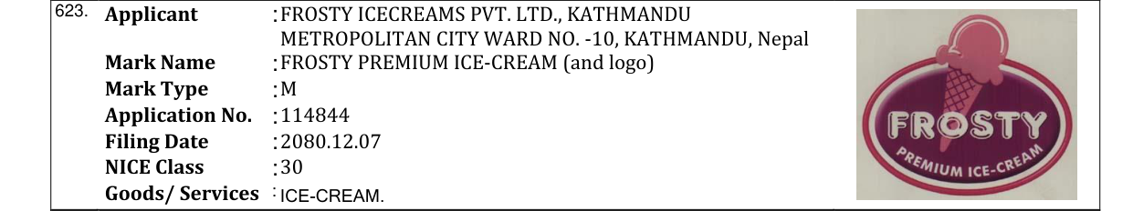 Original bulletin entry for FROSTY PREMIUM ICE-CREAM (and logo)