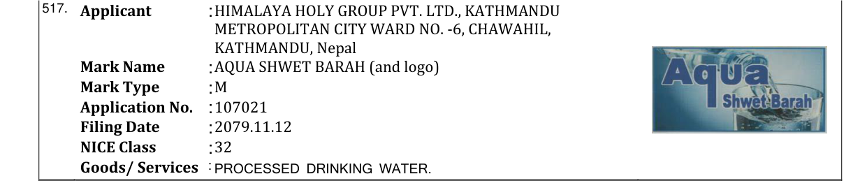 Original bulletin entry for AQUA SHWET BARAH (and logo)