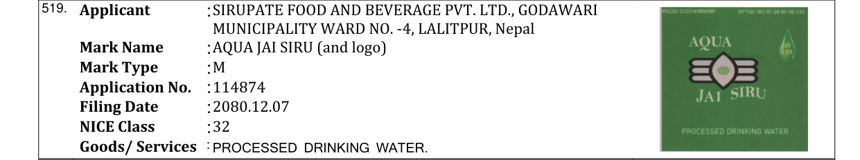 Original bulletin entry for AQUA JAI SIRU (and logo)