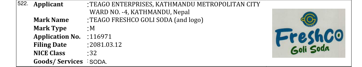 Original bulletin entry for TEAGO FRESHCO GOLI SODA (and logo)