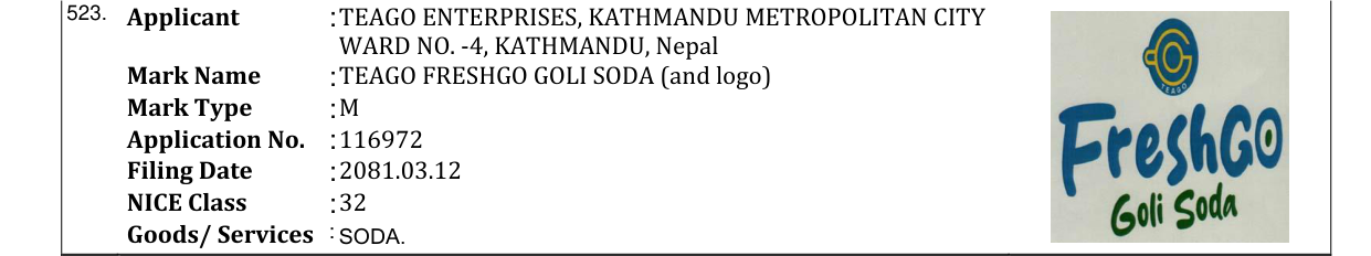 Original bulletin entry for TEAGO FRESHGO GOLI SODA (and logo)
