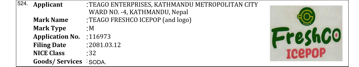 Original bulletin entry for TEAGO FRESHCO ICEPOP (and logo)