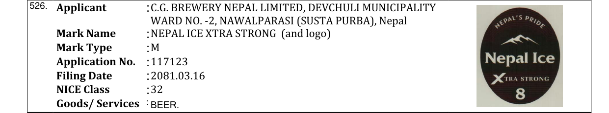 Original bulletin entry for NEPAL ICE XTRA STRONG (and logo)