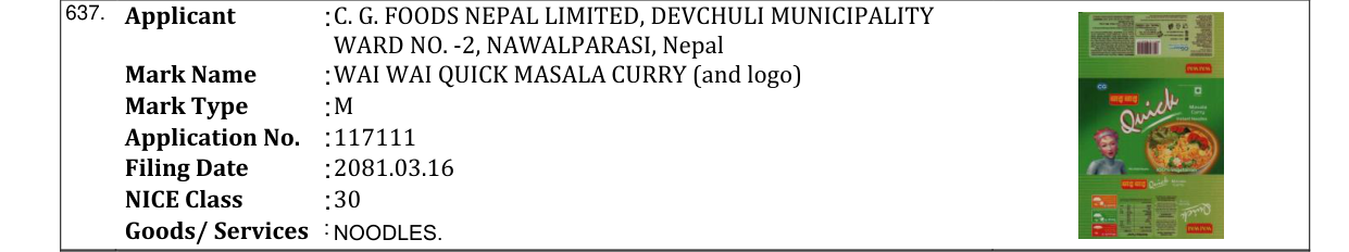 Original bulletin entry for WAI WAI QUICK MASALA CURRY (and logo)