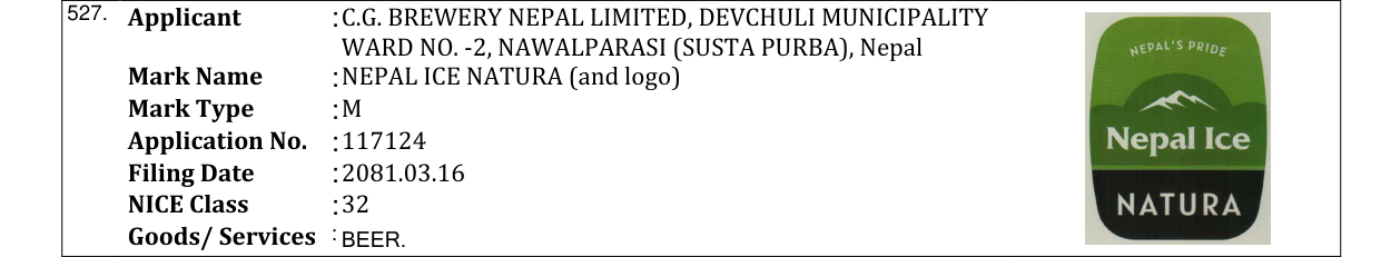 Original bulletin entry for NEPAL ICE NATURA (and logo)
