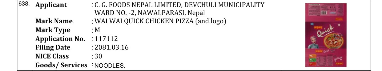 Original bulletin entry for WAI WAI QUICK CHICKEN PIZZA (and logo)