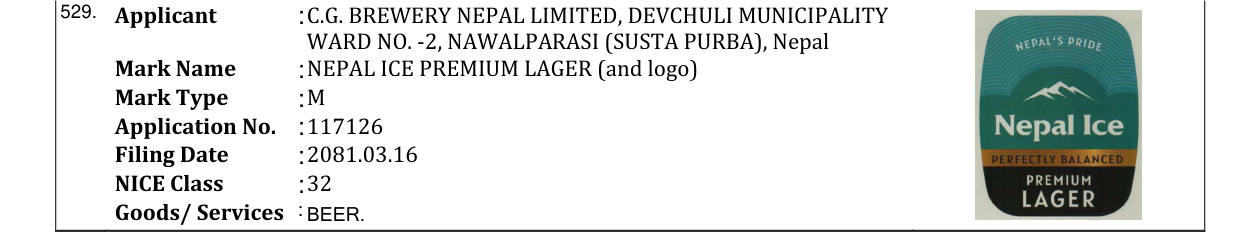 Original bulletin entry for NEPAL ICE PREMIUM LAGER (and logo)