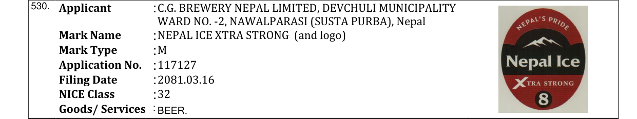 Original bulletin entry for NEPAL ICE XTRA STRONG (and logo)