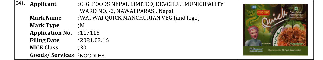 Original bulletin entry for WAI WAI QUICK MANCHURIAN VEG (and logo)