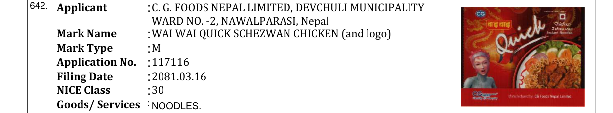 Original bulletin entry for WAI WAI QUICK SCHEZWAN CHICKEN (and logo)