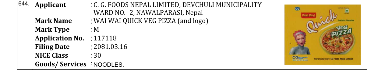 Original bulletin entry for WAI WAI QUICK VEG PIZZA (and logo)