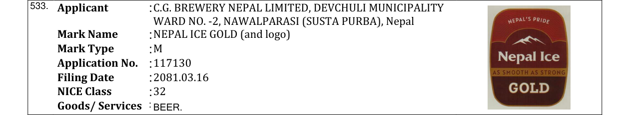 Original bulletin entry for NEPAL ICE GOLD (and logo)