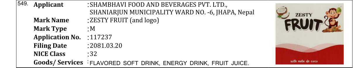 Original bulletin entry for ZESTY FRUIT (and logo)