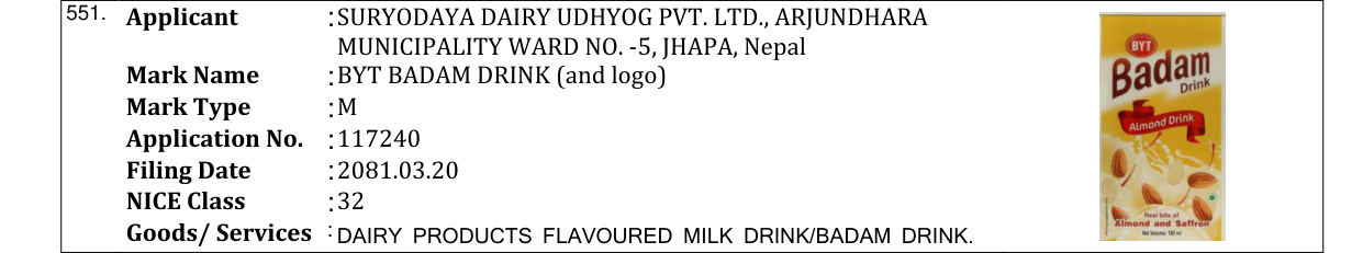 Original bulletin entry for BYT BADAM DRINK (and logo)