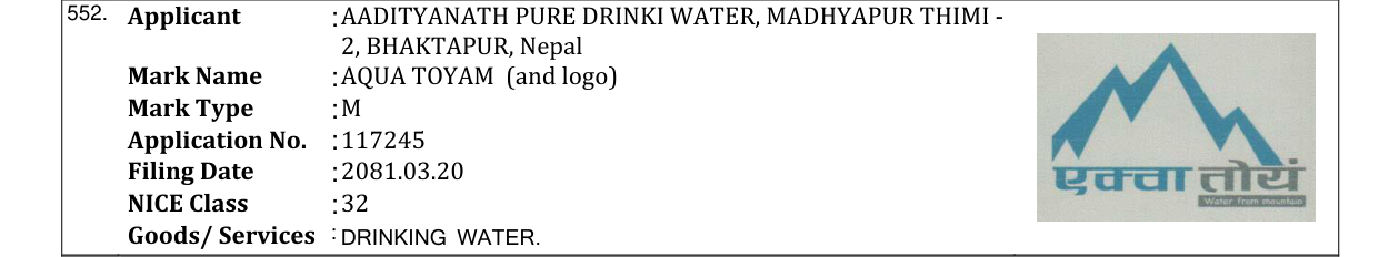 Original bulletin entry for AQUA TOYAM (and logo)