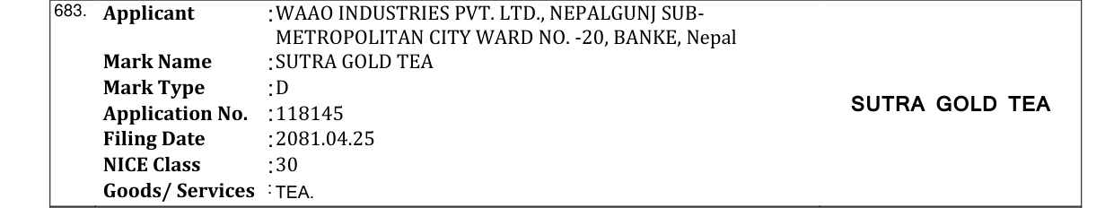 Original bulletin entry for SUTRA GOLD TEA