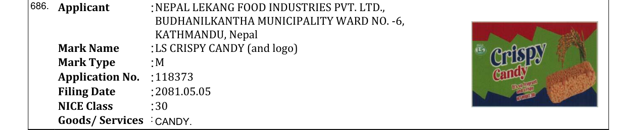 Original bulletin entry for LS CRISPY CANDY (and logo)