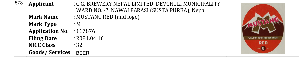 Original bulletin entry for MUSTANG RED (and logo)