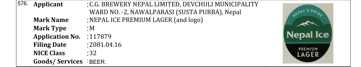 Original bulletin entry for NEPAL ICE PREMIUM LAGER (and logo)