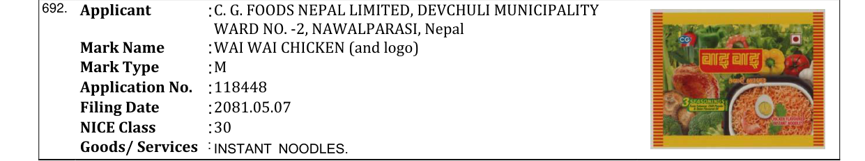 Original bulletin entry for WAI WAI CHICKEN (and logo)