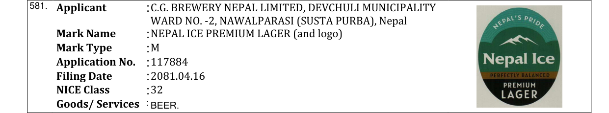 Original bulletin entry for NEPAL ICE PREMIUM LAGER (and logo)