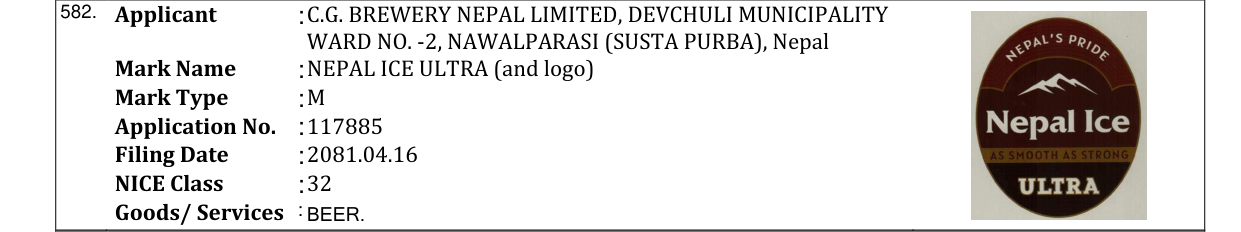 Original bulletin entry for NEPAL ICE ULTRA (and logo)