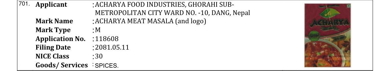 Original bulletin entry for ACHARYA MEAT MASALA (and logo)