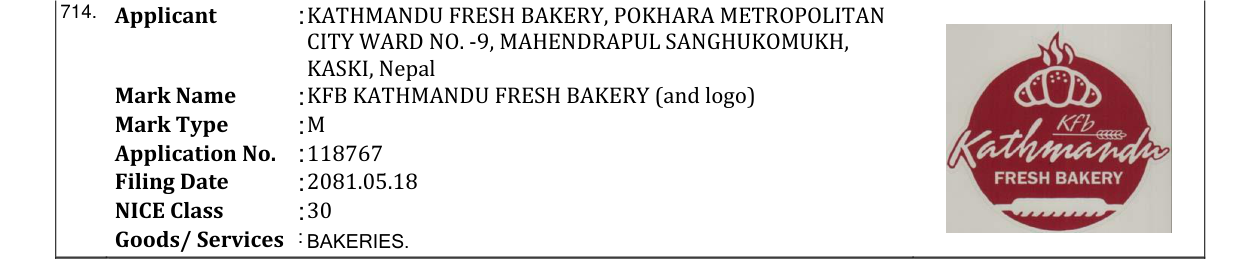 Original bulletin entry for KFB KATHMANDU FRESH BAKERY (and logo)