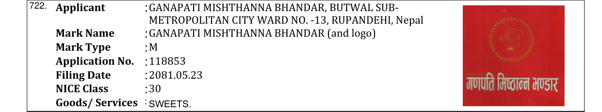 Original bulletin entry for GANAPATI MISHTHANNA BHANDAR (and logo)