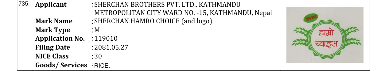 Original bulletin entry for SHERCHAN HAMRO CHOICE (and logo)