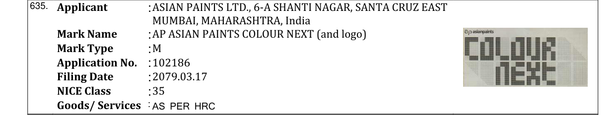 Original bulletin entry for AP ASIAN PAINTS COLOUR NEXT (and logo)