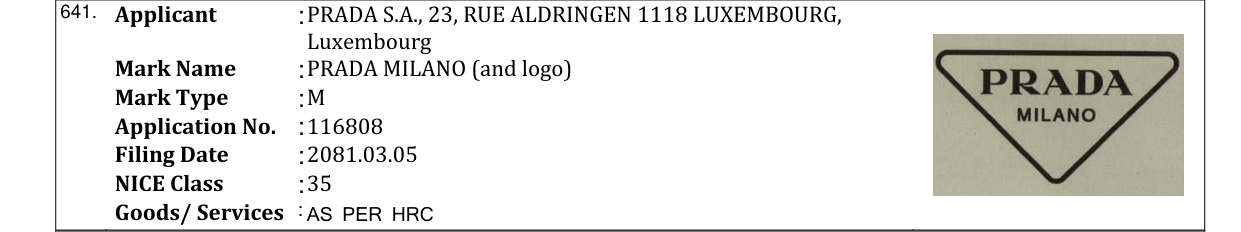 Original bulletin entry for PRADA MILANO (and logo)