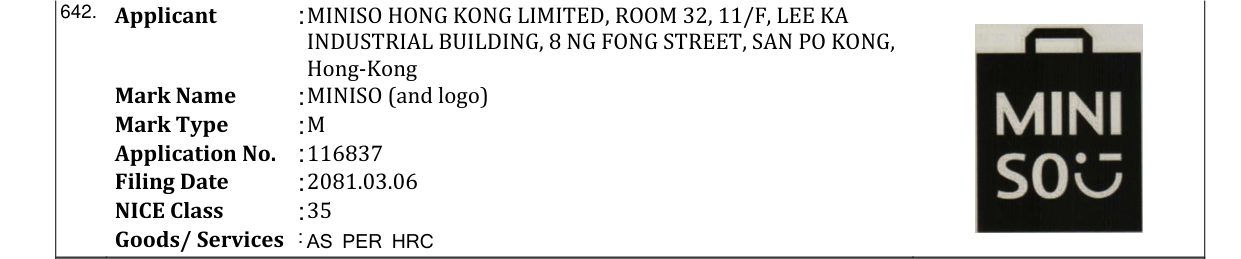 Original bulletin entry for MINISO (and logo)