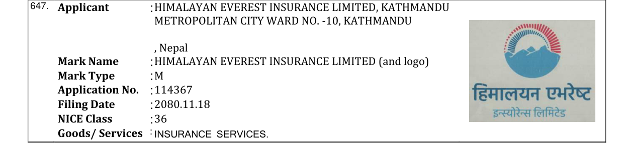 Original bulletin entry for HIMALAYAN EVEREST INSURANCE LIMITED (and logo)