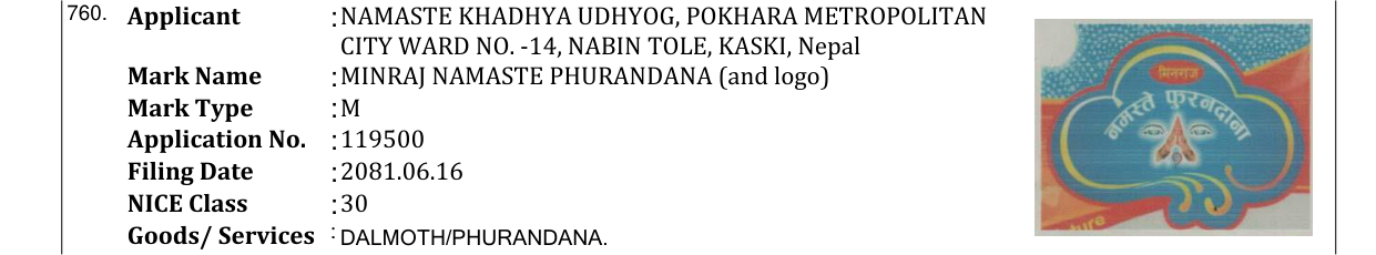 Original bulletin entry for MINRAJ NAMASTE PHURANDANA (and logo)
