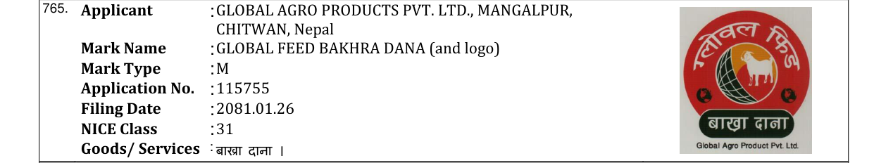 Original bulletin entry for GLOBAL FEED BAKHRA DANA (and logo)