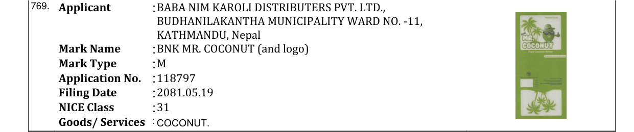 Original bulletin entry for BNK MR. COCONUT (and logo)