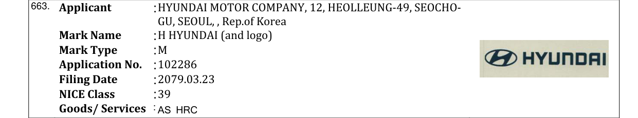 Original bulletin entry for H HYUNDAI (and logo)